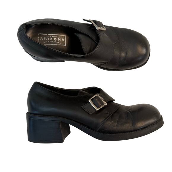 Arizona Chunky Loafer Size 8.5 Black Leather Block Heel Buckle Slip On 90s Y2k - Picture 1 of 9